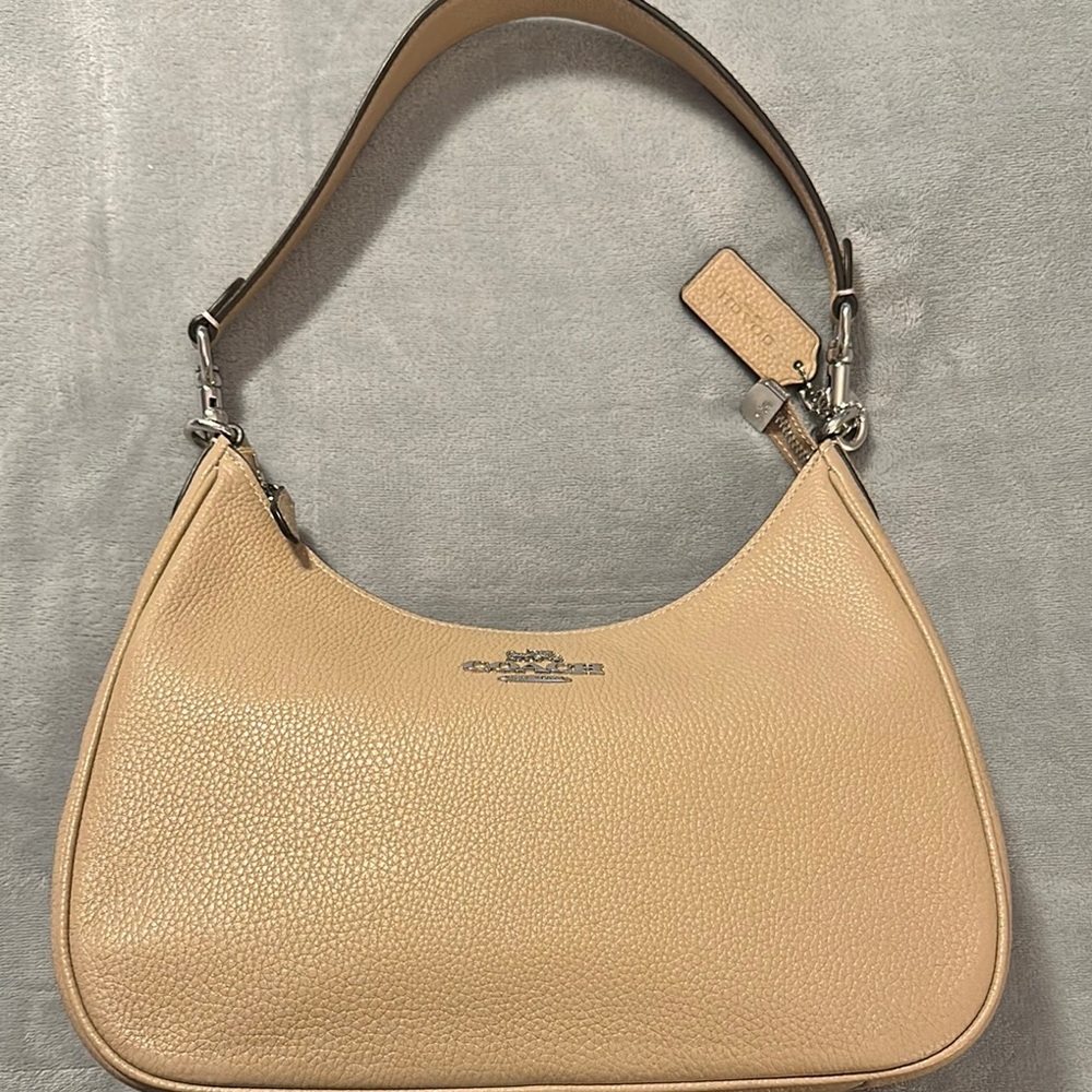 Coach Tan Leather Shoulder Bag with Pebbled Texture